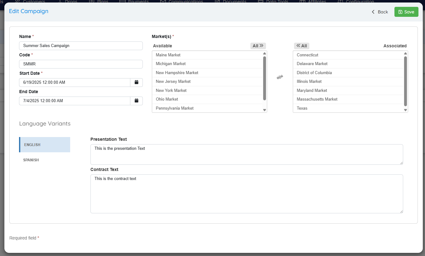 Campaign Setup Screenshot