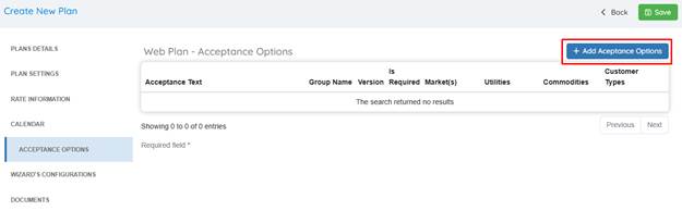 Acceptance Options Screenshot